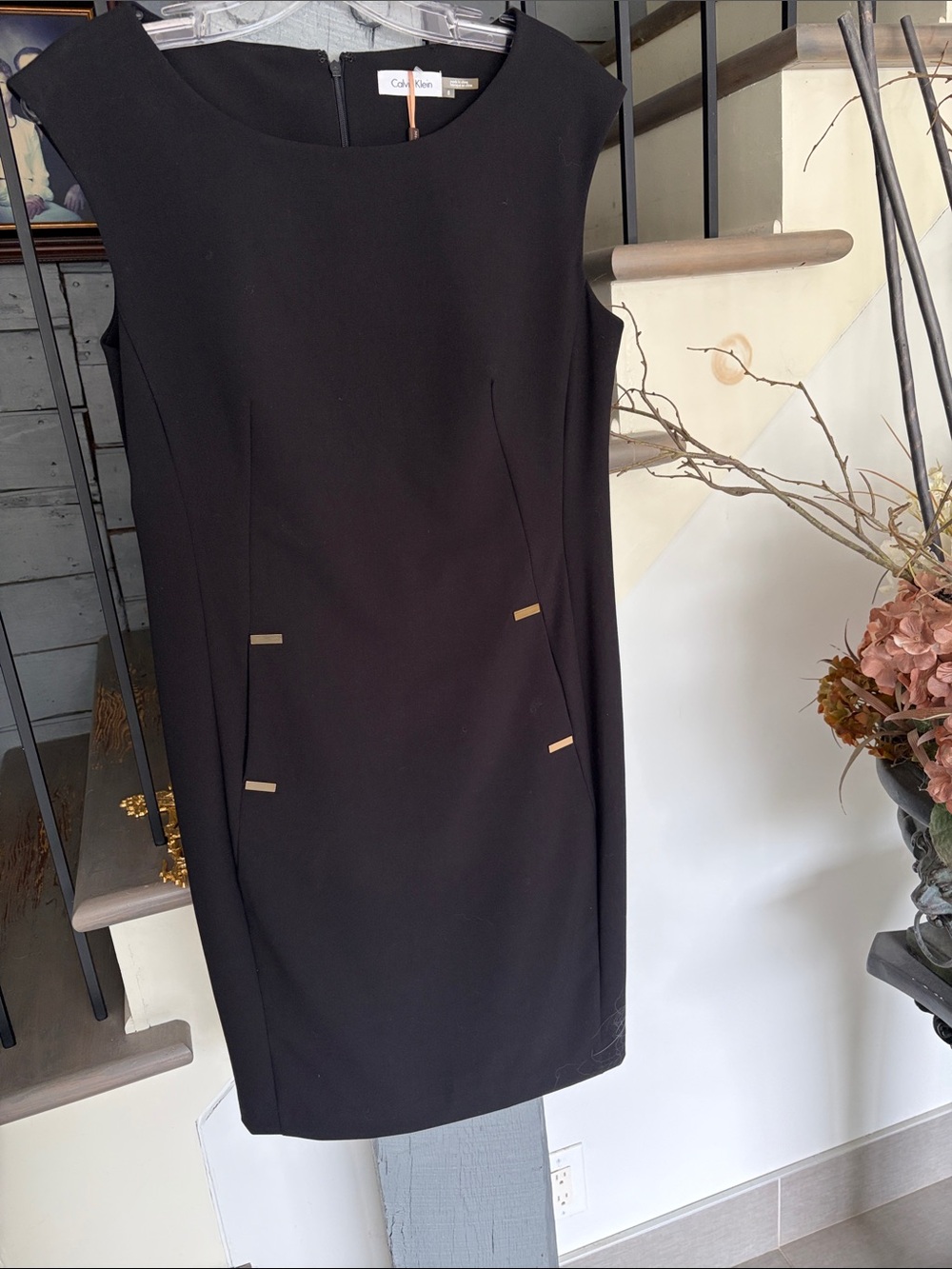 Calvin Klein Black Sleeveless Midi Sheath Dress with Gold Accents